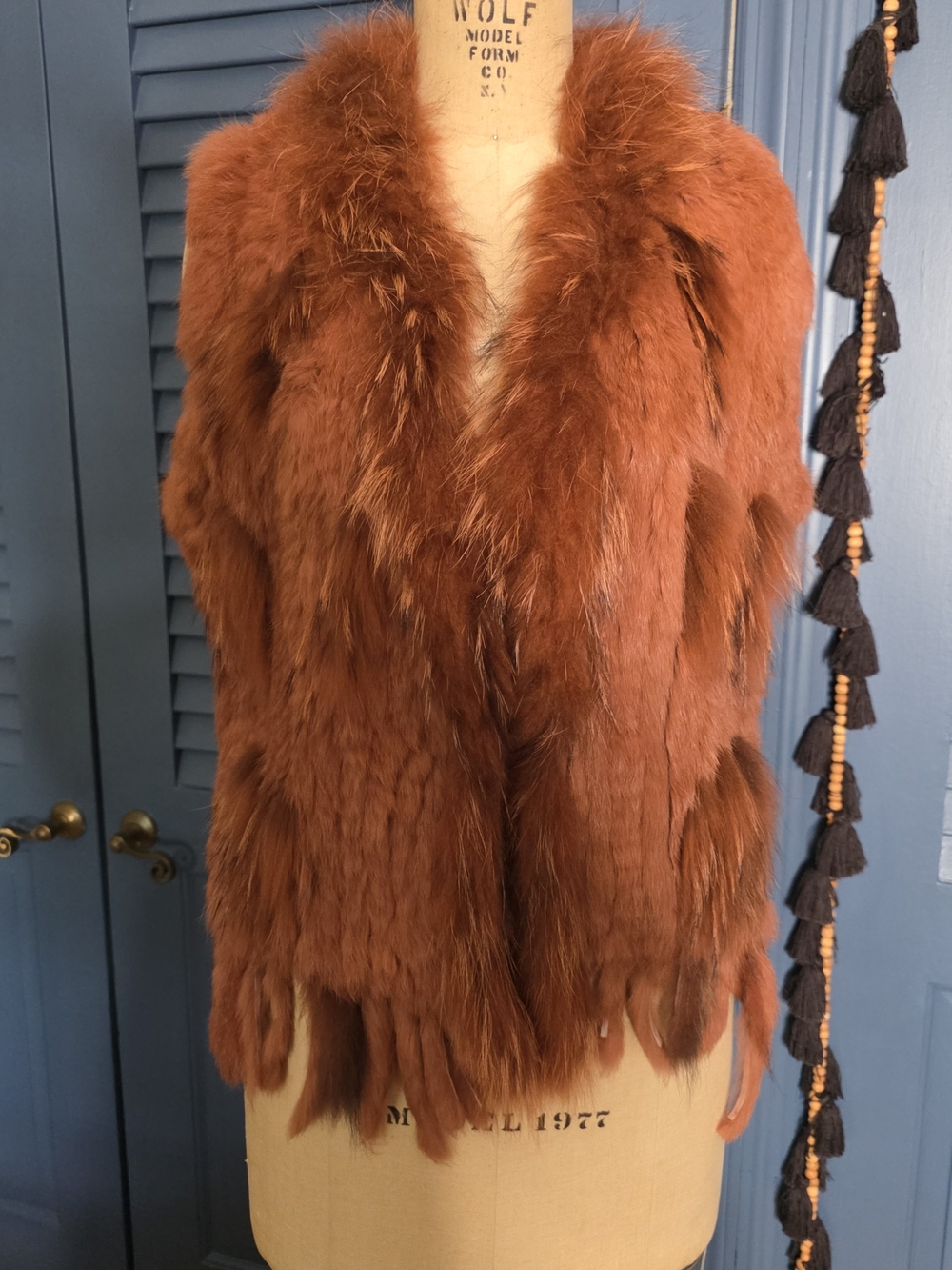 Genuine Knitted Rabbit & Marmot Fur Vest Fringe Rust Orange Size Large